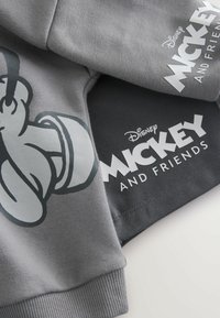 Harmaa college-kangas, jossa on suuri musta Mikki Hiiri -grafiikka ja valkoinen "Disney Mikki ja ystävät" -teksti tummemmalla harmaalla taustalla.