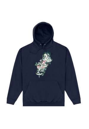 Granatowy hoodie z przednią kieszenią, z graficznym wzorem przedstawiającym postać otoczoną liśćmi i sercem. Miękka tekstura tkaniny.