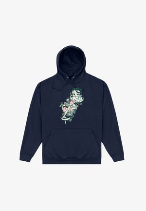 Granatowy hoodie z przednią kieszenią, z graficznym wzorem przedstawiającym postać otoczoną liśćmi i sercem. Miękka tekstura tkaniny.