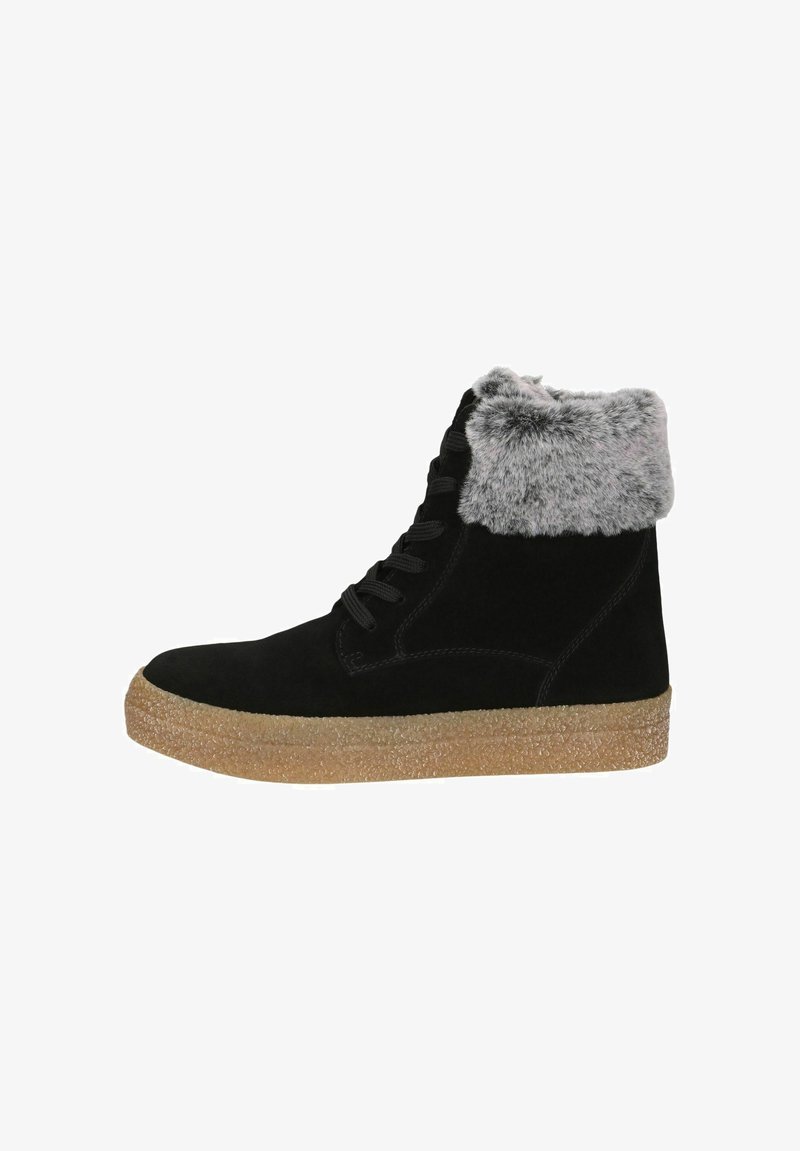 Fekete velúr magas szárú sneaker szürke műszőrme gallérral és texturált világosbarna gumitalppal. Fekete fűzőkkel és tiszta varrással rendelkezik.