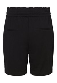 Shorts noirs avec une taille élastique, dotés de deux poches latérales. Fabriqués en tissu léger et lisse. Design simple, coupe au genou.