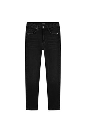 Jeans in denim nero con vestibilità slim, design a cinque tasche e chiusura con bottone in metallo. Presentano una trama liscia e una leggera scoloritura sul davanti.