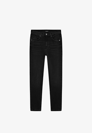 Sorte denim jeans med slim fit, fem-lomme design og metalknaplukning. Har en glat tekstur og let falmning foran.