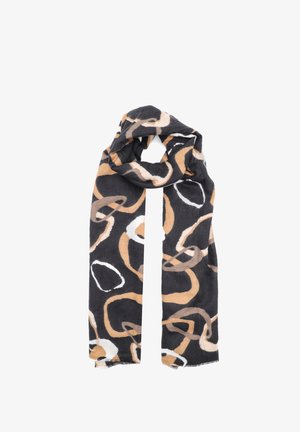 Sciarpa a fantasia nera con anelli astratti in beige, marrone chiaro e bianco. Texture morbida con bordi sfilacciati. Forma rettangolare.