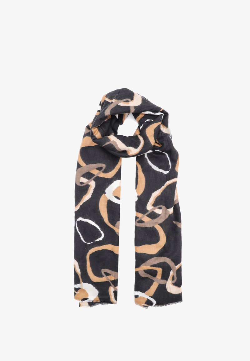 Sciarpa a fantasia nera con anelli astratti in beige, marrone chiaro e bianco. Texture morbida con bordi sfilacciati. Forma rettangolare.