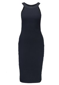 Mörkblå ribbad midiklänning med rund halsringning och axelbandsliknande remmar. Slät textur och figurnära siluett utan synliga knäppningar.