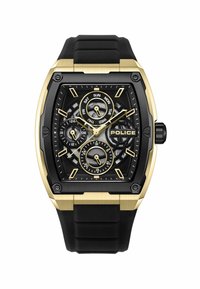 Zwart en gouden horloge met een rechthoekige kast, rubberen band, complexe zwarte wijzerplaat, meerdere subwijzerplaten en "POLICE" branding.