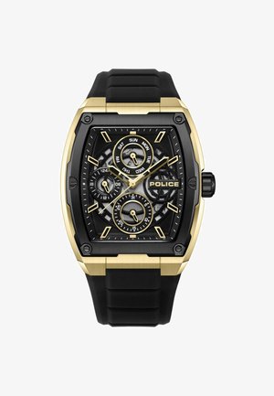 Schwarze und goldene Uhr mit rechteckigem Gehäuse, Gummiband, komplexem schwarzen Zifferblatt, mehreren Unterzifferblättern und "POLICE"-Markierung.