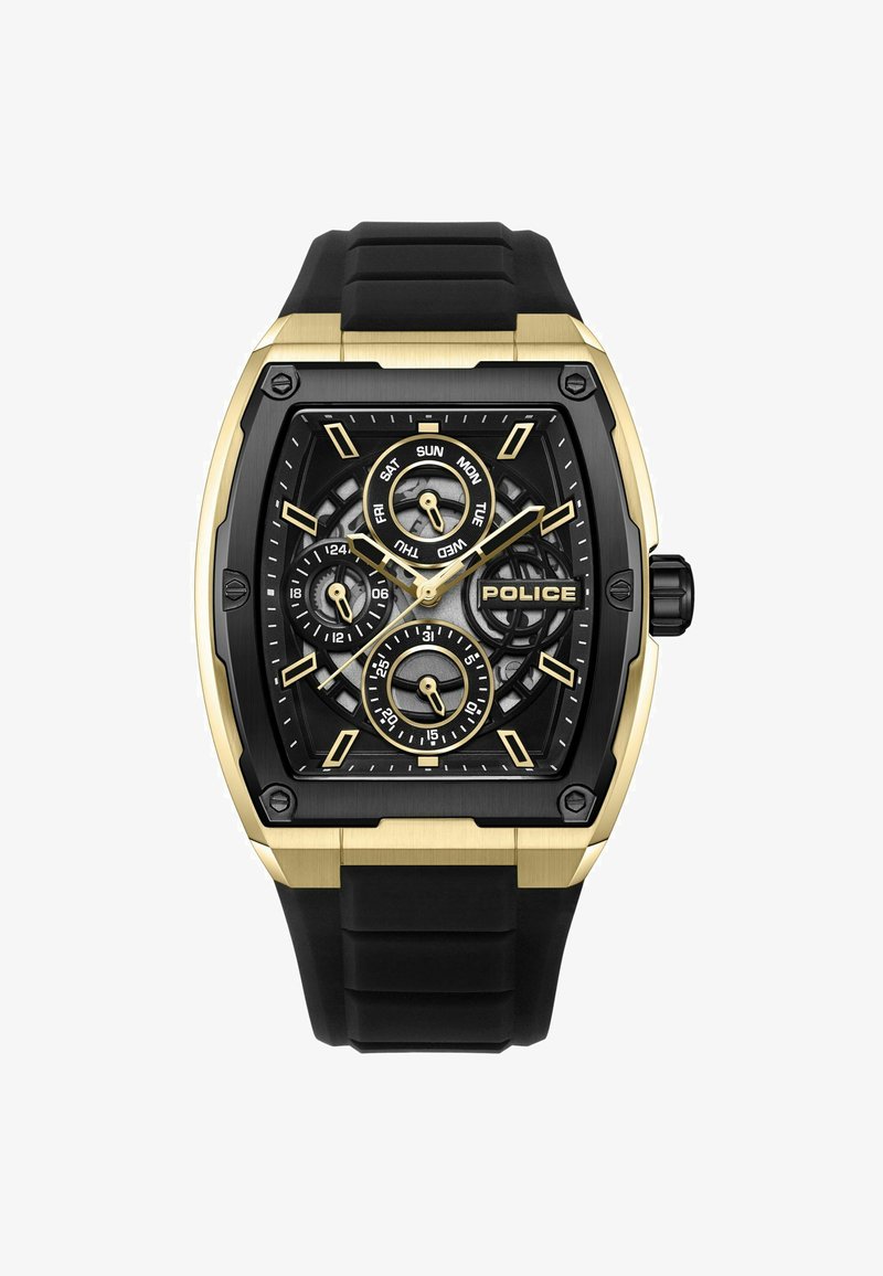 Zwart en gouden horloge met een rechthoekige kast, rubberen band, complexe zwarte wijzerplaat, meerdere subwijzerplaten en "POLICE" branding.