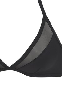 Črni bikini top s trikotno obliko. Narejen je iz gladkega materiala z mrežastimi poudarki ob straneh. Ima nastavljive naramnice za boljše prileganje.