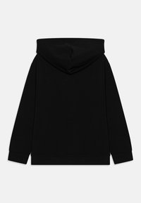 Black hooded sweatshirt made of soft cotton blend, featuring a large, round hood, long sleeves, and ribbed cuffs. Plain design, no patterns or accents.