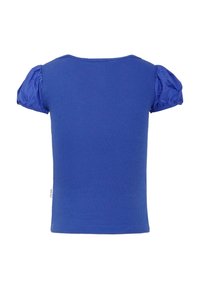 Niebieska, prążkowana koszulka z bufiastymi rękawami i okrągłym dekoltem. Miękka faktura i dopasowany krój. Brak widocznych wzorów lub detali sprzętowych.