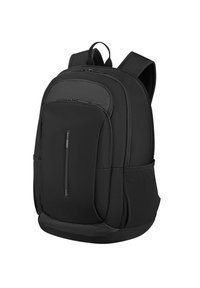 Mochila negra con un acabado texturizado, múltiples compartimentos con cremallera, correas acolchadas y bolsillos laterales para un acceso y almacenamiento fáciles.