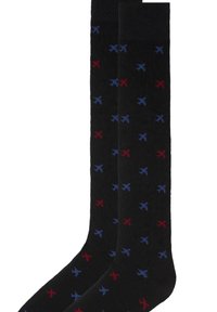 Calze nere lunghe fino al ginocchio con un motivo di piccole silhouette di aerei rossi e blu. Realizzate in un materiale morbido e testurizzato per il massimo comfort.