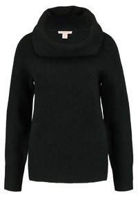 Schwarzer Strickpullover mit weitem Schalkragen, langen Ärmeln und gerippten Bündchen sowie Saum, der eine weiche Textur und eine lockere Passform aufweist.