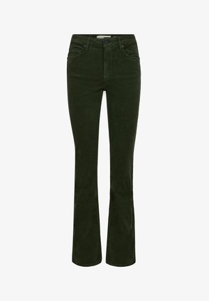 Donkergroene ribfluweel flarebroeken met een aansluitende taille, voorzien van een rits aan de voorkant, knoopsluiting en twee voorzakken. Gladde textuur.