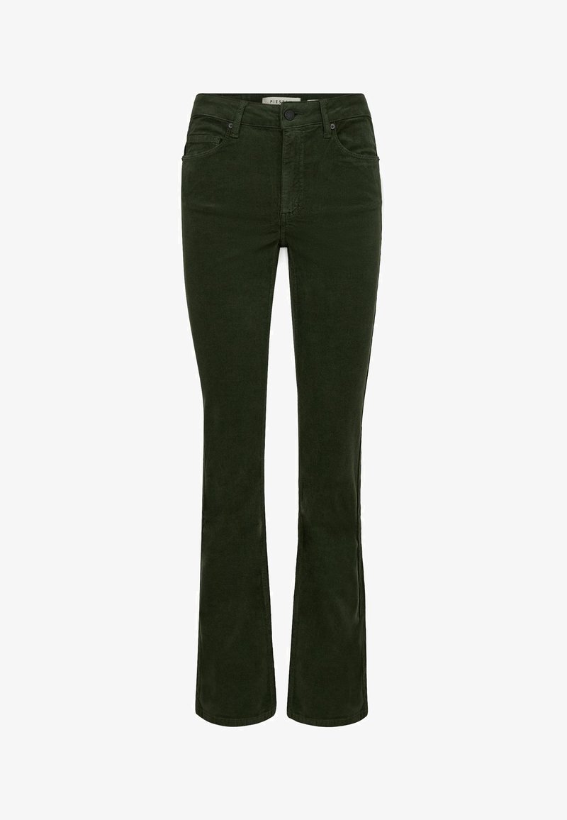 Pantalons évasés en velours côtelé vert foncé avec une taille ajustée, dotés d'une fermeture éclair à l'avant, d'un bouton et de deux poches avant. Texture lisse.