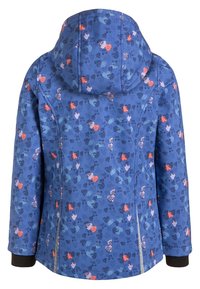Veste bleue avec un motif floral dans diverses couleurs. Dotée d'une capuche, d'une fermeture éclair à l'avant et de poignets noirs. Le matériau semble texturé.