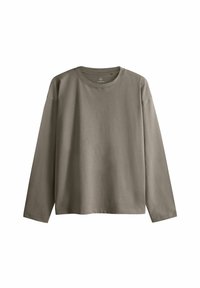 Långärmad t-shirt med rund halsringning i olivgrön bomull, med en avslappnad passform, minimala sömmar och mjukt tyg. Inga synliga mönster eller detaljer.