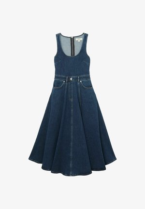 Ærmeløs mørkeblå denimkjole med tætsiddende overdel, forlommer, knap- og lynlås-lukning samt skørt med A-linje og vidde.