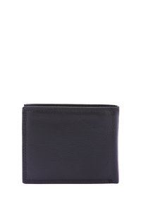 Portafoglio in pelle nera con una texture liscia, design bi-fold e cuciture visibili. Presenta slot per carte e un compartimento per banconote.