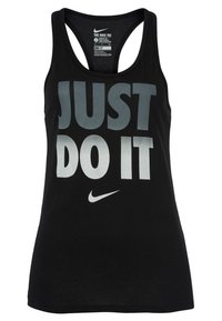 Schwarzes Tanktop aus weichem Stoff mit großem grauem Verlaufstext "JUST DO IT" und kleinem Nike-Logo am Saum.