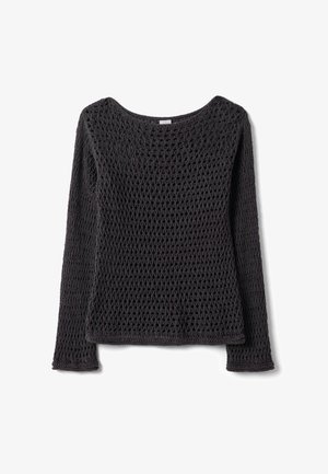 Maglione nero a maniche lunghe lavorato a crochet con motivo a rete aperta e scollatura rotonda, disteso su uno sfondo bianco.