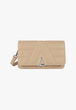 Beige leather shoulder bag with quilted triangular design, silver hardware accent, detachable strap, and a fold-over flap closure.