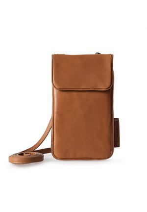Brown leather crossbody bag with a flap closure, flat rectangular shape, adjustable strap, and subtle stitching details.