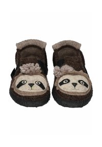 Braune Filzschlappen mit Pandagesichtdesign, schwarzen Akzenten, flauschiger Textur und verstellbarem Riemen. Weiches Material und runde Zehenform.