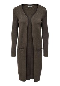 Długi brązowy kardigan wykonany z miękkiego materiału. Posiada dekolt w serek, otwarty przód, dwie przednie kieszenie oraz ściągacze na rękawach. Prosty i uniwersalny design.