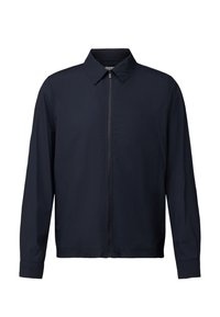 Veste pour homme couleur bleu marine foncé avec fermeture éclair, manches longues et col, design minimaliste, fermeture avant par zip.