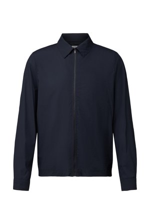 Giacca da uomo blu navy scuro con zip, maniche lunghe e colletto, design minimalista, chiusura frontale con cerniera.