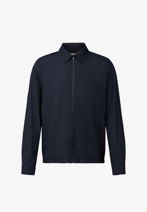 Męska ciemnogranatowa kurtka na zamek z długimi rękawami i kołnierzem, minimalistyczny design, z przodu zapięcie na zamek.