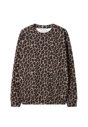 Sweatshirt à manches longues à col rond avec motif léopard marron et noir sur toute la surface, poignets et ourlet côtelés.