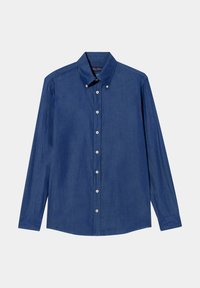 Lange mouw knoop shirt in donkerblauwe stof. Heeft een puntige kraag, witte knopen en een rechte snit met zijsplitten.