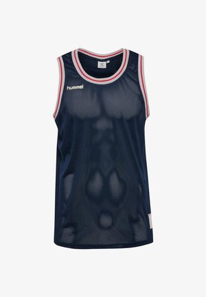 Granatowy sportowy tank top bez rękawów z siateczki, z białymi i czerwonymi wykończeniami oraz logo hummel na górnej lewej stronie klatki piersiowej.
