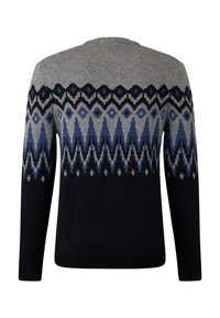 Grauer, blauer und schwarzer Strickpullover mit geometrischem Zickzack- undDiamantmuster, langen Ärmeln und gerippten Abschlüssen, von hinten gezeigt.