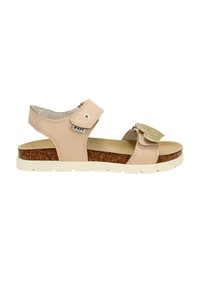 Beige leren sandaal met verstelbare band, kurken middenzool en witte rubberen buitenzool. Bevat een decoratieve glinsteraccent op de band.