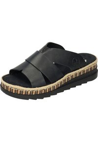 Sandalias de slide de cuero negro con tiras entrecruzadas, plantilla texturizada y suela envuelta en yute que presenta un detalle de rayas y una suela exterior de goma negra.