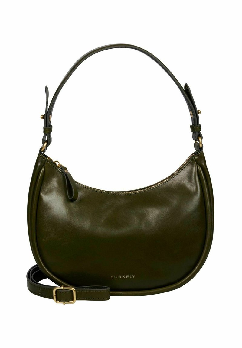 Bolso de hombro de piel verde oscuro con cremallera dorada, correa ajustable y logotipo "Burkely" en el frente.