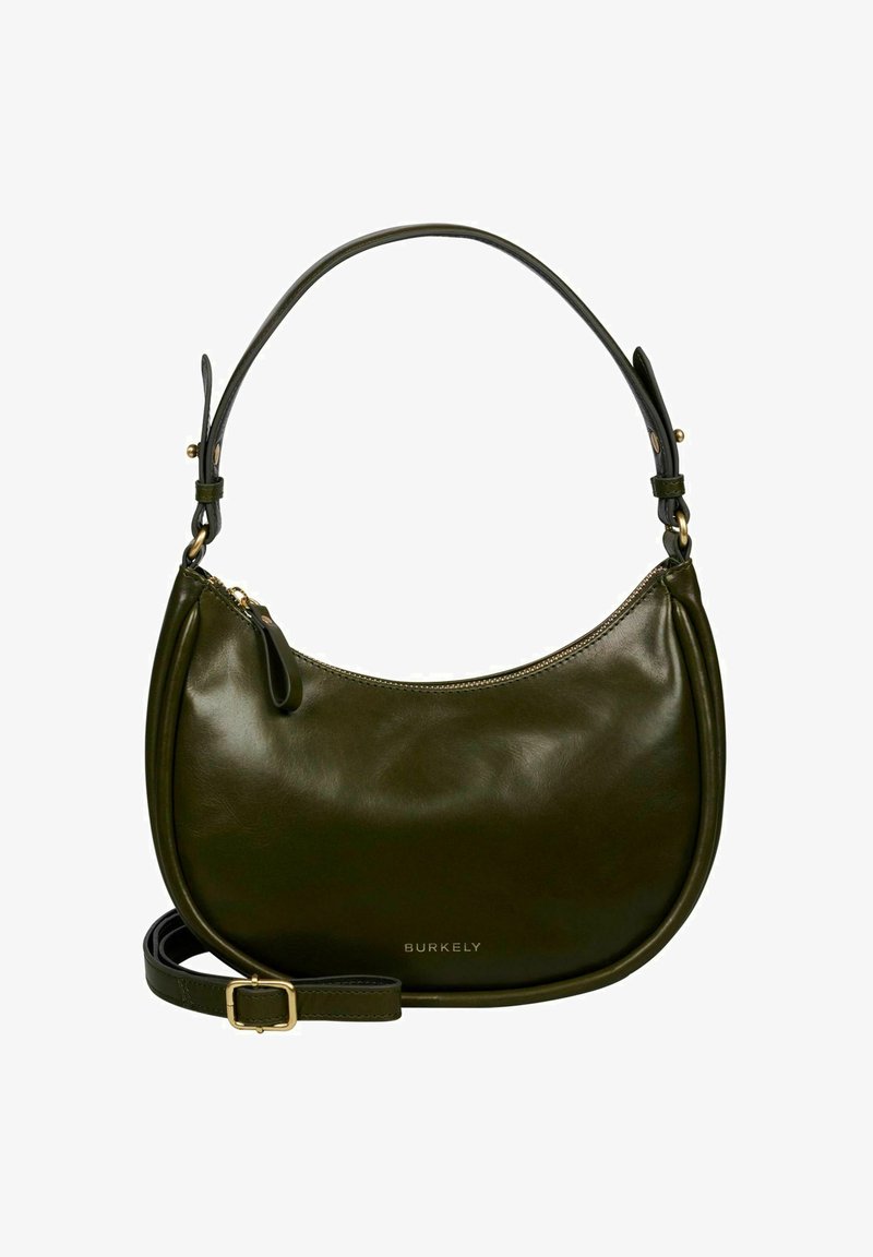 Borsa a spalla in pelle verde scuro con zip dorata, tracolla regolabile e logo "Burkely" sul davanti.