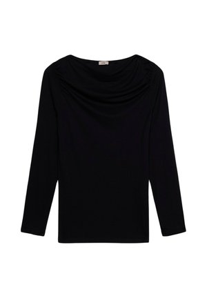 Top negru cu mânecă lungă și decolteu drapat, având detalii de pliere la umeri. Fabricat dintr-un material moale și elastic pentru confort.