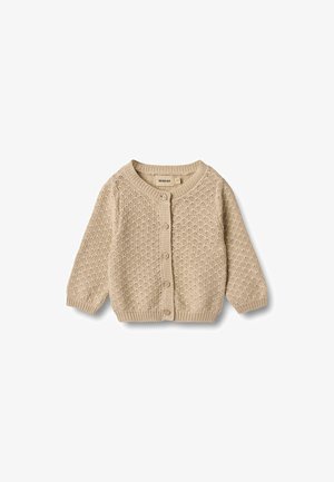 Beige gebreide cardigan met een ronde hals, knoopsluiting en een gestructureerd patroon. Lange mouwen met geribbelde manchetten en onderrand.