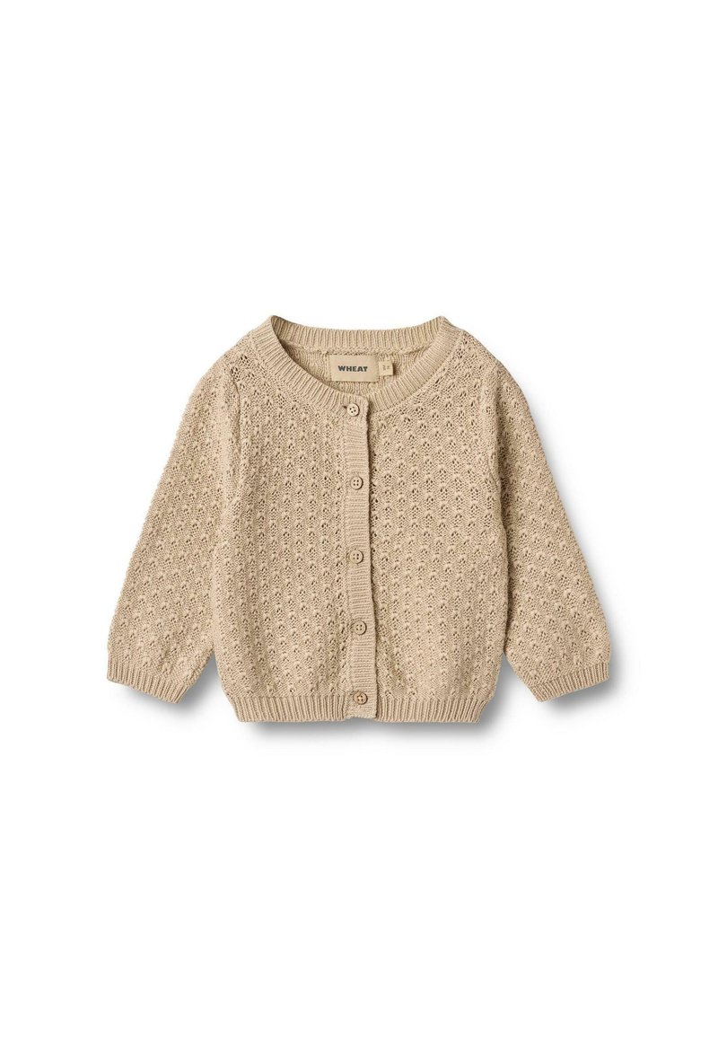 Gilet en tricot beige avec un col rond, fermeture par boutons et motif texturé. Manches longues avec poignets et ourlet côtelés.