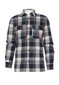 Camicia di flanella a quadri nei colori blu navy, bianco e rosso, con due tasche sul petto e design con bottoni. Texture morbida e maniche lunghe.
