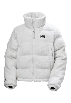 Witte fleecjacket met hoge kraag, ritsluiting, gewatteerd ontwerp en zwart logo op de borst. Voorzien van elastische manchetten en een zijzak.