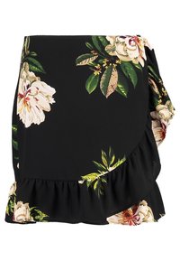 Czarna spódnica w stylu wrap z dużymi kwiatowymi wzorami w kremowym i zielonym kolorze, falbaniastym dołem oraz lekko drapowanym krojem, który dodaje tekstury.