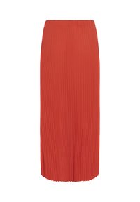 Sarkanais plisētais midi svārks ar elastīgu jostu, vertikālām krokām un taisnu apakšmalu uz balta fona.