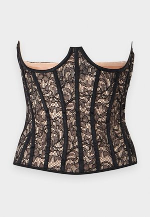 Μαύρο κορσέ δαντέλας με φλοράλ μοτίβο και κάθετες μπανέλες πάνω σε μπεζ φόδρα, χωρίς τιράντες με κυρτή άνω ακμή, απεικονισμένο επίπεδο σε λευκό φόντο.